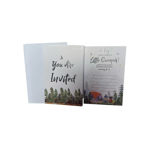 Camping Baby Shower Invitations Cards Little Camper Invites Woodland‎ 20 pcs - Picture 1 of 4